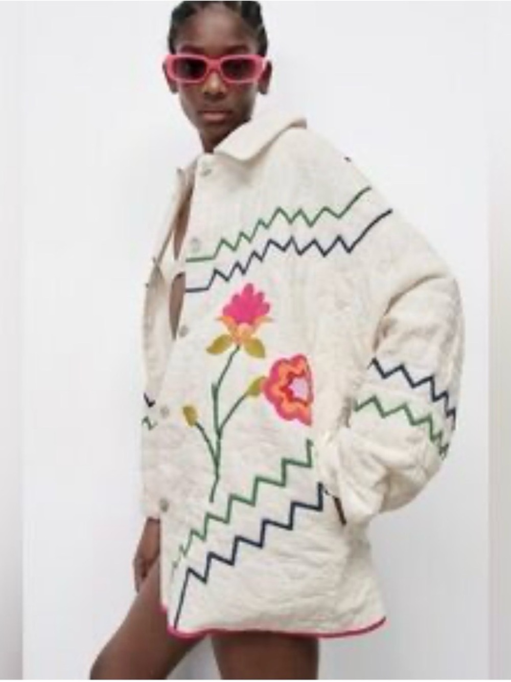 Zara Cream Teddy Jacket with Pink & Orange Floral Appliqués